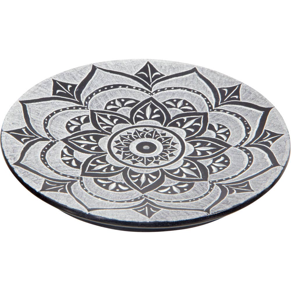 Porte-encens rond en stéatite - Lotus Mandala - Noir