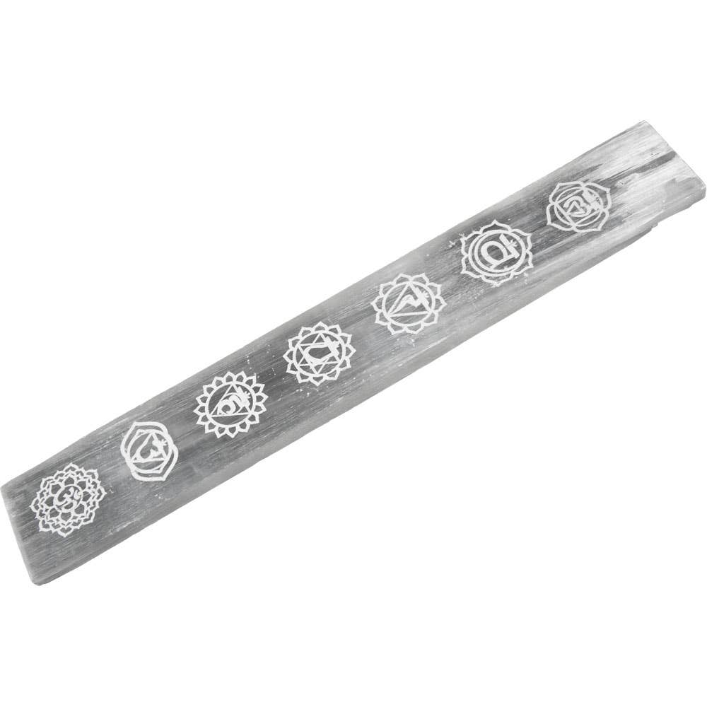 Porte-encens en sélénite avec symboles de chakra